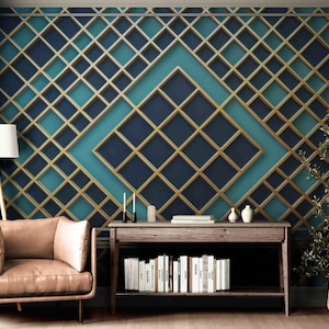 Geometric Gold and Teal 3D Wallpaper for Walls – Modern Peel and Stick Wall Mural, Abstract Luxury Wall Art for Living Room Accent or Office