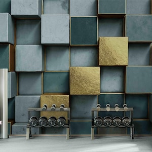 Modern 3D Geometric Wallpaper Mural – Gold and Concrete Textured Wall Art, Peel and Stick or Non-Woven, Luxury 3d Accent Wall Decor