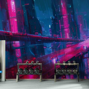 Cyberpunk City Wallpaper Mural – Neon Futuristic Skyline Wall Art for Game Room or Office, Peel and Stick or Vinyl Modern Sci-Fi Wall Decor