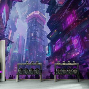 Cyberpunk 3D Neon Wall Mural for Gym or Gaming Room, Futuristic Sci-Fi Skyline Wallpaper, Purple Pink Peel & Stick Wall Decor fo Home Studio