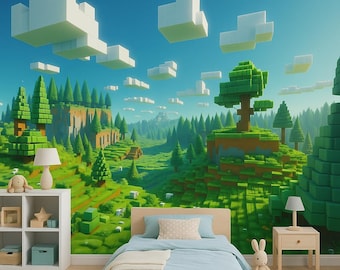 Minecraft Style Pixel Wallpaper Wandbild - Gamer Zimmer Dekor