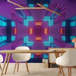 May include: A modern office space featuring a vibrant, geometric wall mural in shades of purple, teal, and orange. The room includes a wooden desk, white chairs, a cabinet, and a mushroom-shaped lamp, creating a futuristic aesthetic.