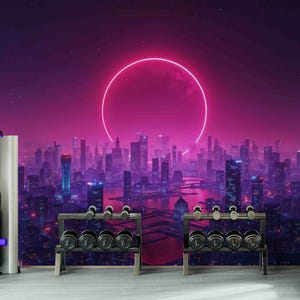 Sky-Fi City Wallpaper – Futuristic Wall Mural with Purple Moon for Gaming Room or Bedroom, Peel and Stick Wall Mural  for Walls Covering