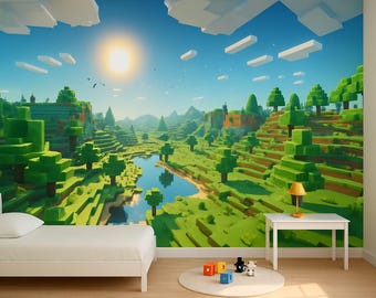 Minecraft-Style Pixel Art Wall Mural – Peel and Stick Gaming Wallpaper