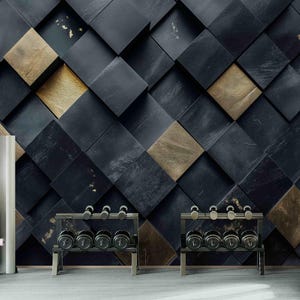 Svart och guld 3D geometrisk tapet – texturerad, självhäftande