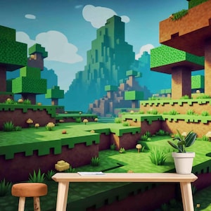 Pixel Block Landscape Wall Mural for Kids Bedroom or Gaming Room, Peel and Stick or Removable Vinyl Pixel Art Wallpaper – Cube Terrain Art