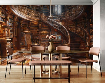 May include: A dining room set with a glass-topped oval table, six chairs, and a bench. The chairs and bench have a light brown upholstery. The room features a mural of a library with a grand staircase and bookshelves.