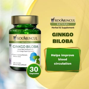 Könnte beinhalten: Eine grüne Glasflasche mit SidoMuncul Natural Ginkgo Biloba Kapseln. Das Etikett weist auf 30 pflanzliche Kapseln hin und hebt die Vorteile des Produkts für die Durchblutung hervor. Der Text erwähnt auch 24% Ginkgo Flavon Glykoside.