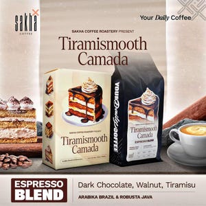 May include: An advertisement for "Tiramismooth Canada" espresso blend coffee. The image shows a box and a bag of coffee, both with a tiramisu cake illustration. Text includes "Espresso Blend" and flavour notes.
