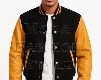 Varsity Letterman Jacket: Black Wool, Gold Leather Sleeves, Classic Baseball Style Coat