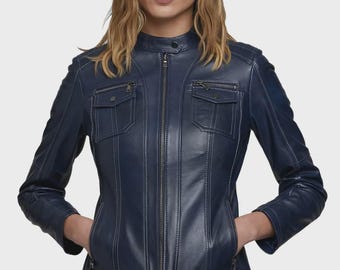 Chaqueta de cuero 100% auténtico azul marino para mujer estilo motero