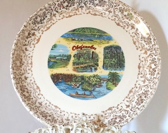 Vintage souvenirverzamelbord Okefenokee Swamp Park Georgia - vintage reisdecor - unieke galerijmuurkunst