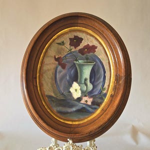 Vintage Framed Moody Floral Oil Painting - Artist Signed 1946 - Oil On Board Original Art In Oval Wood Frame