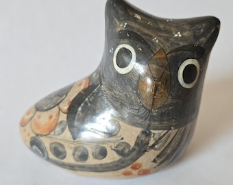 Vintage Tonalá Pottery Owl Figurine - Handpainted Ceramic Mexican Folk Art
