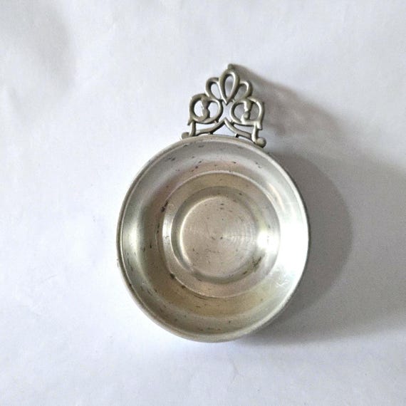 Vintage Solid Pewter Bowl with Ornate Handle - Trinket Dish, Ring Dish, Soap Dish, Jewelry Holder, Catch-all