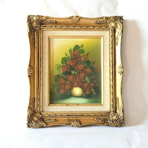 Pintura al óleo vintage de rosas florales en marco dorado ornamentado. Firma del artista. Óleo sobre lienzo. Arte original.