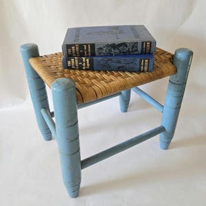 Vintage Rustic Woven Top Shaker Stool with Solid Wood Painted Legs - Farmhouse Blue, Shabby Chic