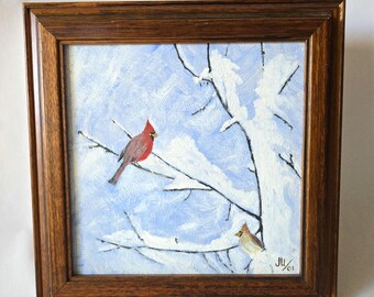 Vintage Square Framed Winter Painting of Cardinal Birds in Snow - Artist Signed Original Art Wood Frame - Holiday Christmas Art