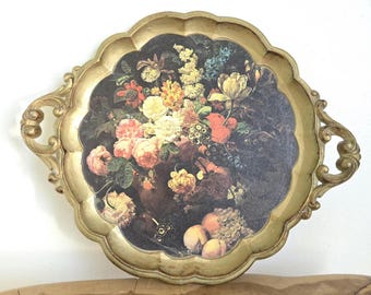 Vassoio vintage italiano in oro con manici - Vassoio in legno dipinto fiorentino - Design decoupage floreale suggestivo