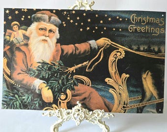 Vintages viktorianisches Weihnachtskarte Metallschild - Weihnachtsmann auf Schlitten - "Weihnachtsgrüße" - hergestellt in den USA - antikes Feiertagspostkarten-Design