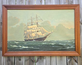 Listed Swedish Artist A.H. Nordberg Large Oil Painting on Canvas - Vintage Framed Nautical Painting of Sailing Ship & Sunset - Artist Signed