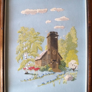 Vintage Framed 1970s Crewel Embroidery of &quot;Church In The Wildwood&quot; - Cottagecore Needlepoint Art - Gallery Wall - Flowers and Trees