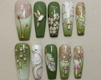 Green Forest Press On Nails | 3D Hummingbird, Mushroom & Floral Nail Art | Nature Boho Handmade Nail Set 3D | Flower, Feather Design
