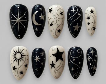 Celestial Galaxy Press On Nails | Handmade Star, Moon & Sun Nail Set | Black Ivory Astronomy Nails | Cosmic Sparkle Constellation Nails