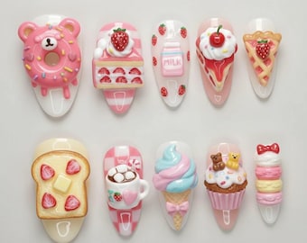 Handmade Kawaii Dessert Press On Nails | Donut Bear, Strawberry Cake, Ice Cream, Cupcake & Macaron Art | Cute Pink Nails