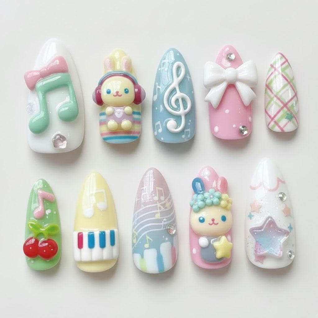 Kawaii Music Press On Nails Pastel Piano Note Cute Nail Art Colorful Cartoon Handmade Nails
