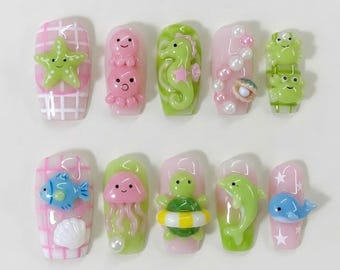 Handmade Kawaii Ocean Press On Nails | Cute 3D Sea Animals Nail Set | Starfish Octopus Turtle Dolphin Nails | Pastel Summer Nails
