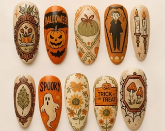 May include: A set of ten almond-shaped press-on nails featuring Halloween-themed illustrations including a pumpkin, a ghost, a vampire in a coffin, sunflowers, mushrooms, candles, and text reading HALLOWEEN, SPOOKY, and TRICK OR TREAT.