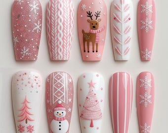 Handmade Pink Christmas Press On Nails | Snowflakes, Reindeer & Sweater Knit Art | Glossy Long Nails For Winter Holiday Vibe