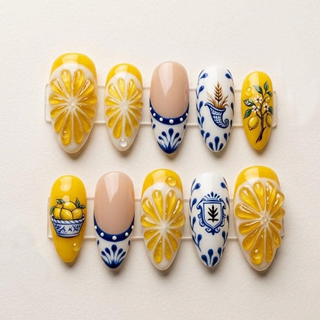 Handmade Lemon Press On Nails Blue White Ceramic Style Citrus Nails with 3D Lemon Slices Summer Fresh Fruit Nail Art Set