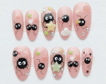 Handmade Cute Pink Press On Nails | Kawaii Cartoon Character Design with Stars and Clouds | Playful Pastel Nail Art