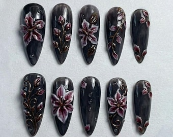 Handmade Dark Floral Press On Nails | Gothic Lily Nail Design | Moody Black Grey Almond Nails | Luxury Style