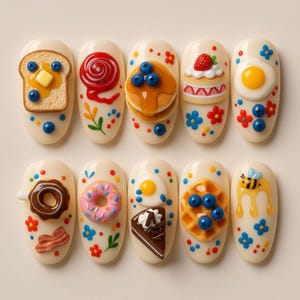 Può includere: Un set di dieci unghie finte color crema con decorazioni 3D a tema alimentare, tra cui pane tostato con burro, pancake con mirtilli, torta alle fragole, uovo al tegamino, ciambelle, una fetta di torta al cioccolato, waffle e un'ape.