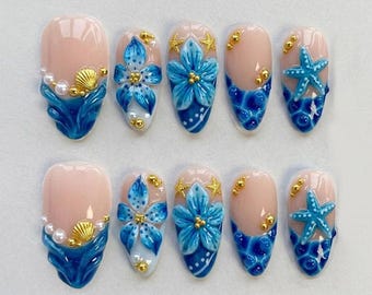 Handmade Coastal Press On Nails | 3D Starfish, Seashell & Ocean Wave Design | Beach Vacation Nail Set