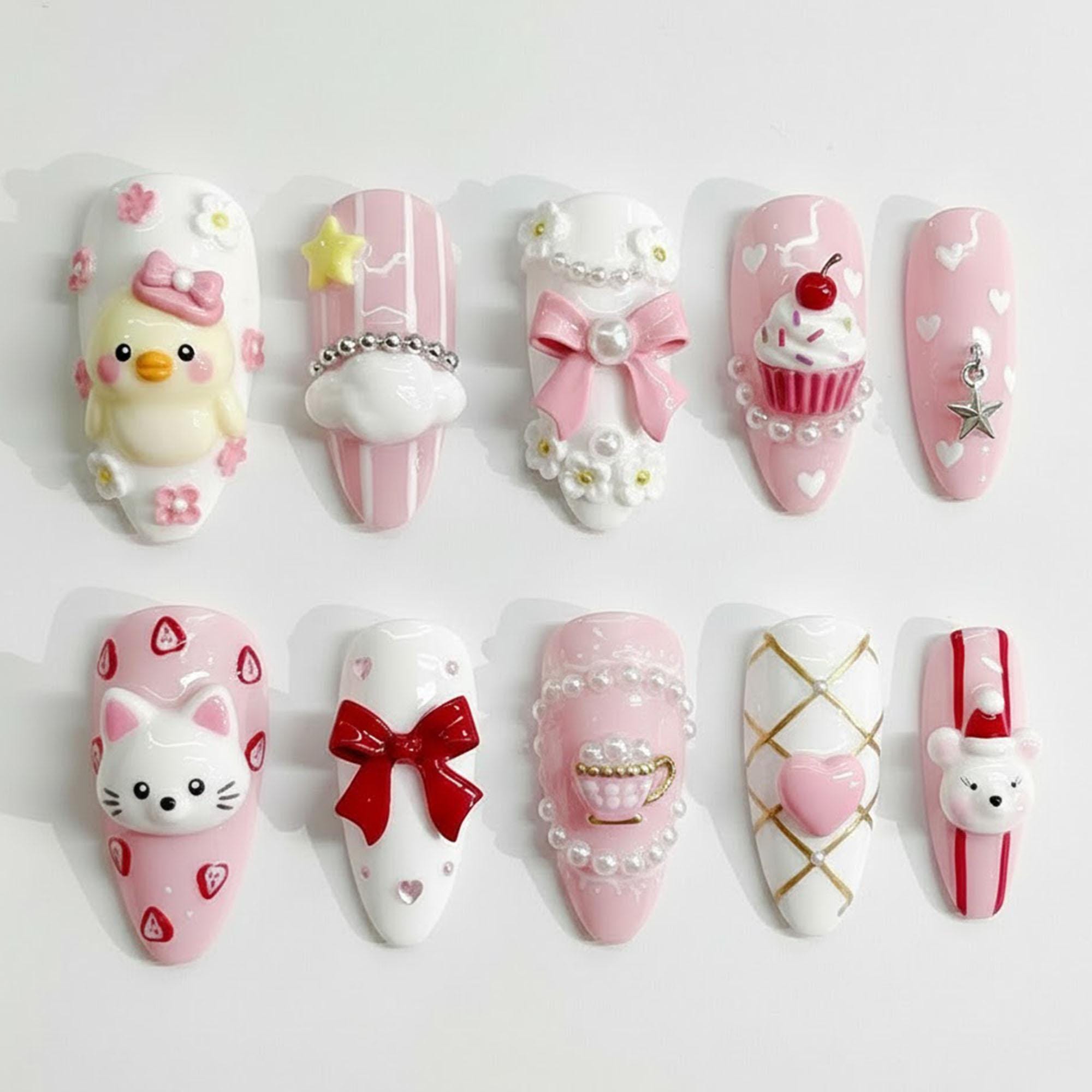 Handmade Kawaii Pink Press on Nails | 3D Duck, Cat, Cupcake 