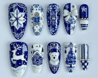 Luxury Blue and White Christmas Press On Nails | Snowflake, Christmas Tree & Polar Bear Design | Elegant Handmade Holiday Nail Set