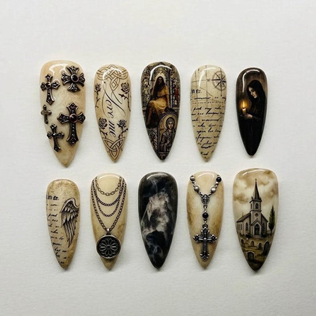 Handmade Gothic Religious Press on Nails | Vintage Cross Church Angel ...