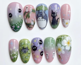 Handmade Anime Forest Press On Nails | Cute Cat, Spirit, Fairy Dust & Pastel Floral Art | Long Almond Nails For Kawaii Vibe