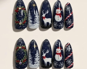 Hand Painted Christmas Press On Nails | Snowflake, Reindeer & Snowman Nail Art | Navy Winter Holiday False Nails Set