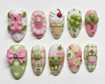 Handmade Green Pastel Press On Nails | Cute Bear Frog Strawberry Ice Cream 3D Nails | Kawaii Fake Nails Set