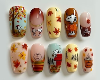 Cute Autumn Dog Press On Nails | Fall Cartoon Puppy Nail Art | Cozy Pumpkin Latte Nails | Hand Painted Fall Nails Gift for Her