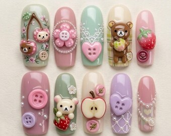 Handmade Kawaii Bear Press On Nails | Cute Strawberry and Apple Design | Pastel Coquette 3D Nail Art Set
