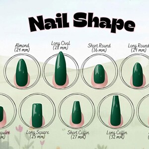 Może przedstawiać: Wykres zatytułowany Nail Shape przedstawiający dziewięć styl&oacute;w ciemnozielonych sztucznych paznokci z etykietami i wymiarami w milimetrach: Almond (24 mm), Long Oval (28 mm), Short Round (16 mm), Long Round (24 mm), Short Square (16 mm), Long Square (25 mm), Short Coffin (27 mm), Long Coffin (32 mm) oraz Stiletto (32 mm).