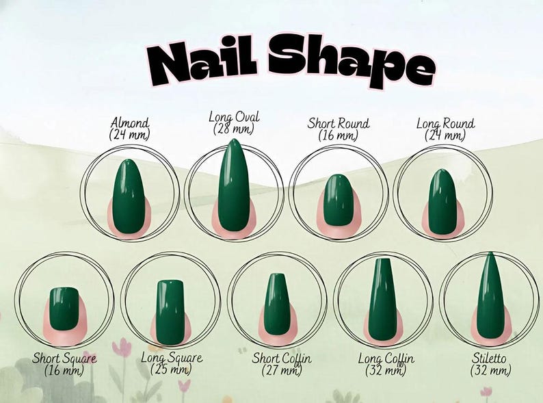 Może przedstawiać: Wykres zatytułowany Nail Shape przedstawiający dziewięć styl&oacute;w ciemnozielonych sztucznych paznokci z etykietami i wymiarami w milimetrach: Almond (24 mm), Long Oval (28 mm), Short Round (16 mm), Long Round (24 mm), Short Square (16 mm), Long Square (25 mm), Short Coffin (27 mm), Long Coffin (32 mm) oraz Stiletto (32 mm).
