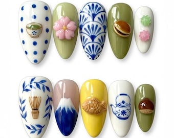 Ceramic Style Press On Nails | Japanese Porcelain Blue White Nails with 3D Mini Food, Tea Cup & Floral Art | Handmade Nail Set