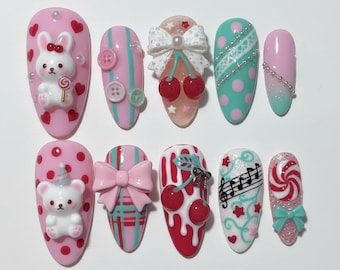 Handmade Kawaii Candy Press On Nails | 3D Bunny, Bear & Cherry Nail Art | Cute Sweet Pastel Nails for Holiday Gift